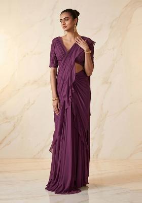 Plum Embroidered Handwork Pre Draped Saree Set