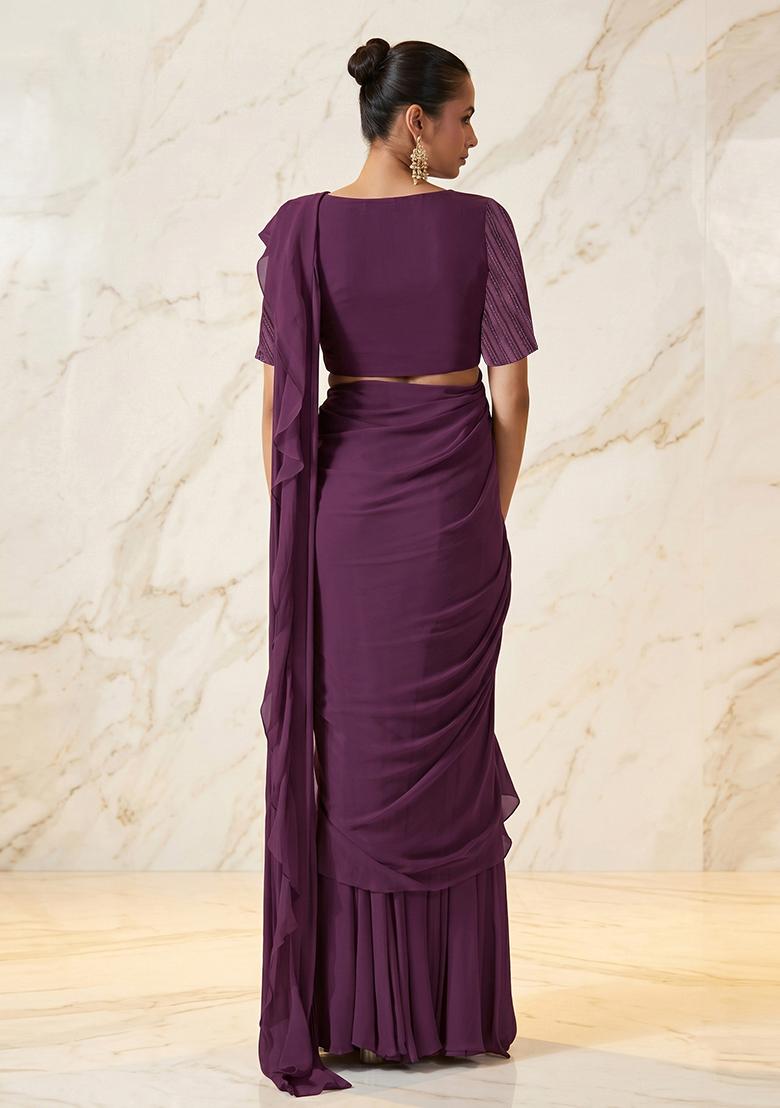 Plum Embroidered Handwork Pre Draped Saree Set - Indya