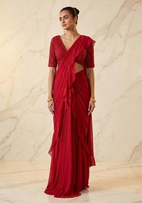 Red Embroidered Handwork Pre Draped Saree Set