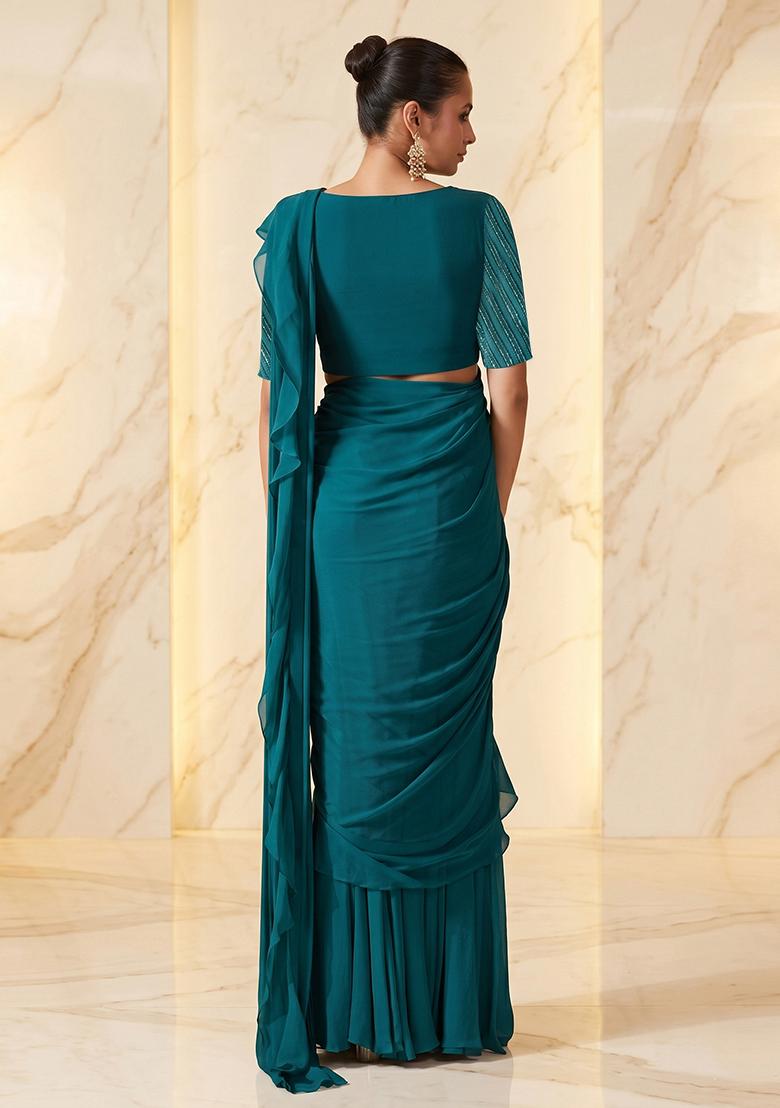 Teal Embroidered Handwork Pre Draped Saree Set - Indya