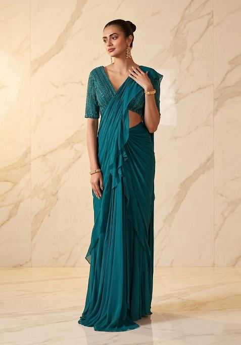 Teal Embroidered Handwork Pre Draped Saree Set