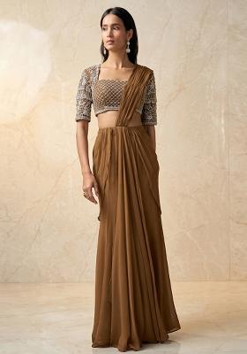 Brown Embroidered Handwork Pre Draped Saree Set