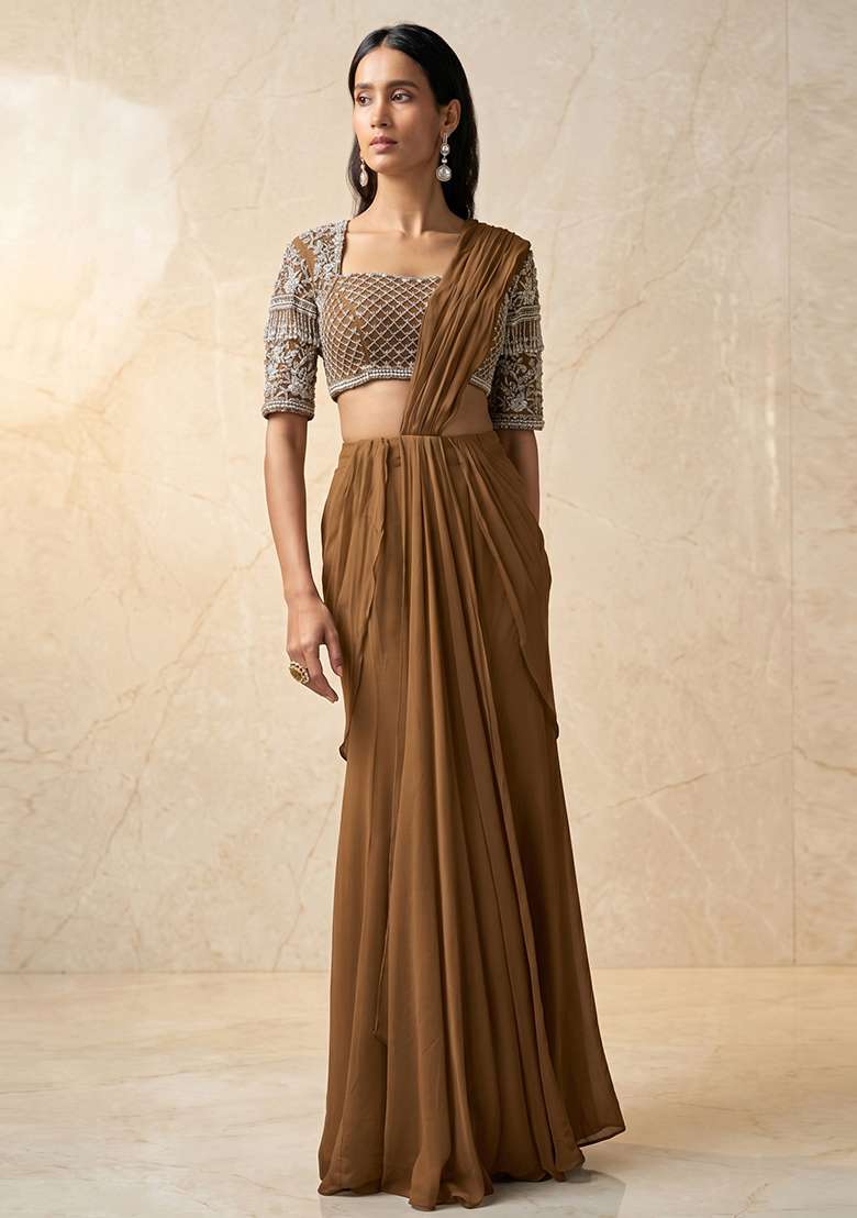 Brown Embroidered Handwork Pre Draped Saree Set - Indya