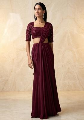 Deep Wine Embroidered Handwork Pre Draped Saree Set