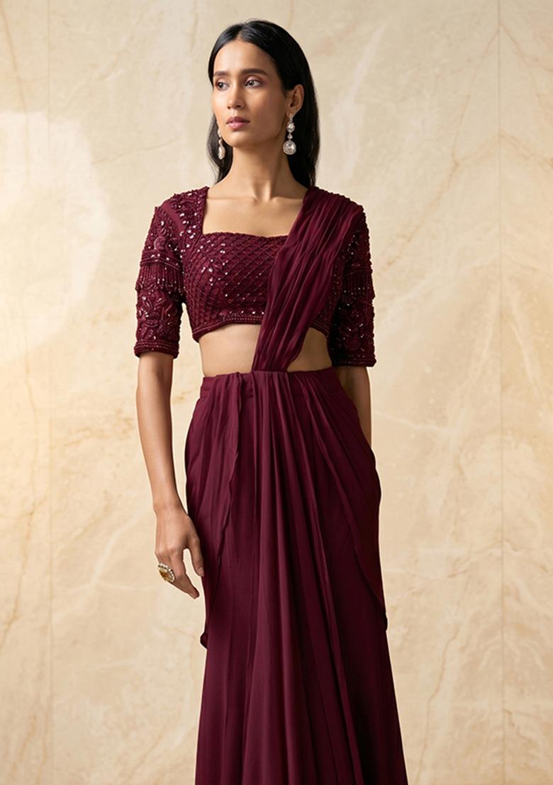 Deep Wine Embroidered Handwork Pre Draped Saree Set - Indya