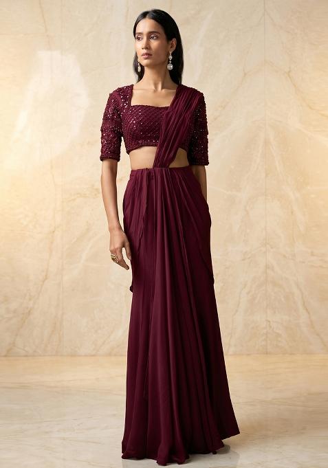 Deep Wine Embroidered Handwork Pre Draped Saree Set