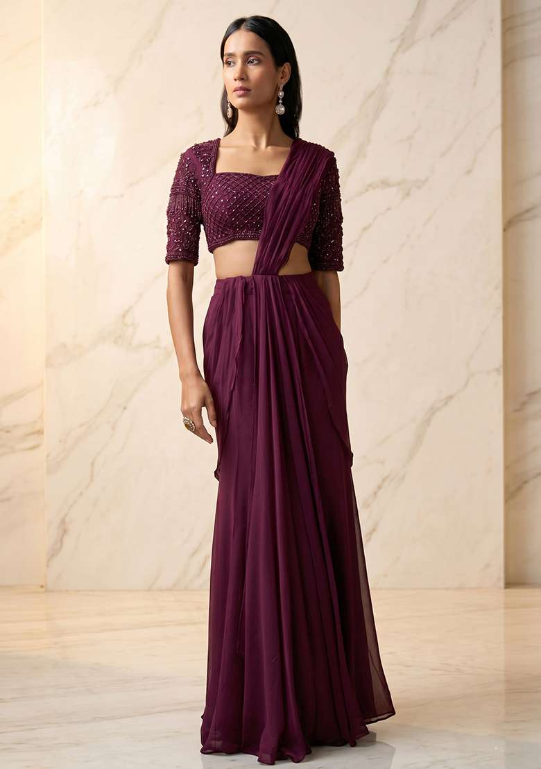 Wine Embroidered Handwork Pre Draped Saree Set - Indya