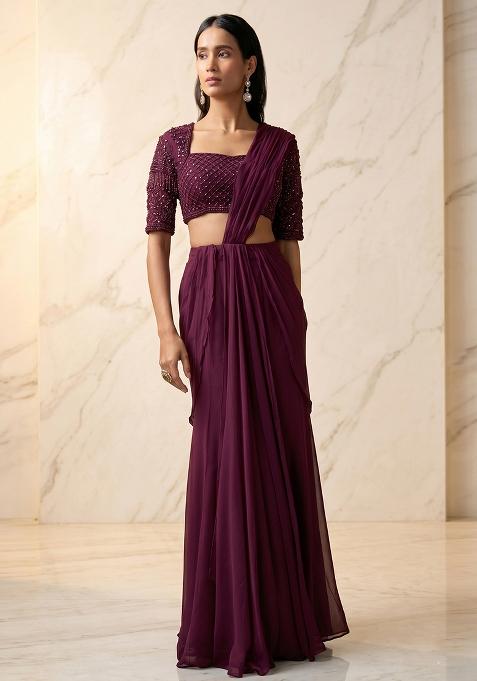 Wine Embroidered Handwork Pre Draped Saree Set