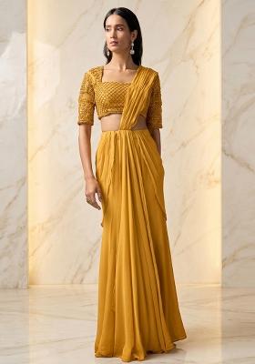 Yellow Embroidered Handwork Pre Draped Saree Set