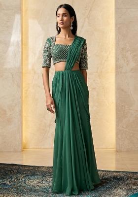 Sea Green Embroidered Handwork Pre Draped Saree Set