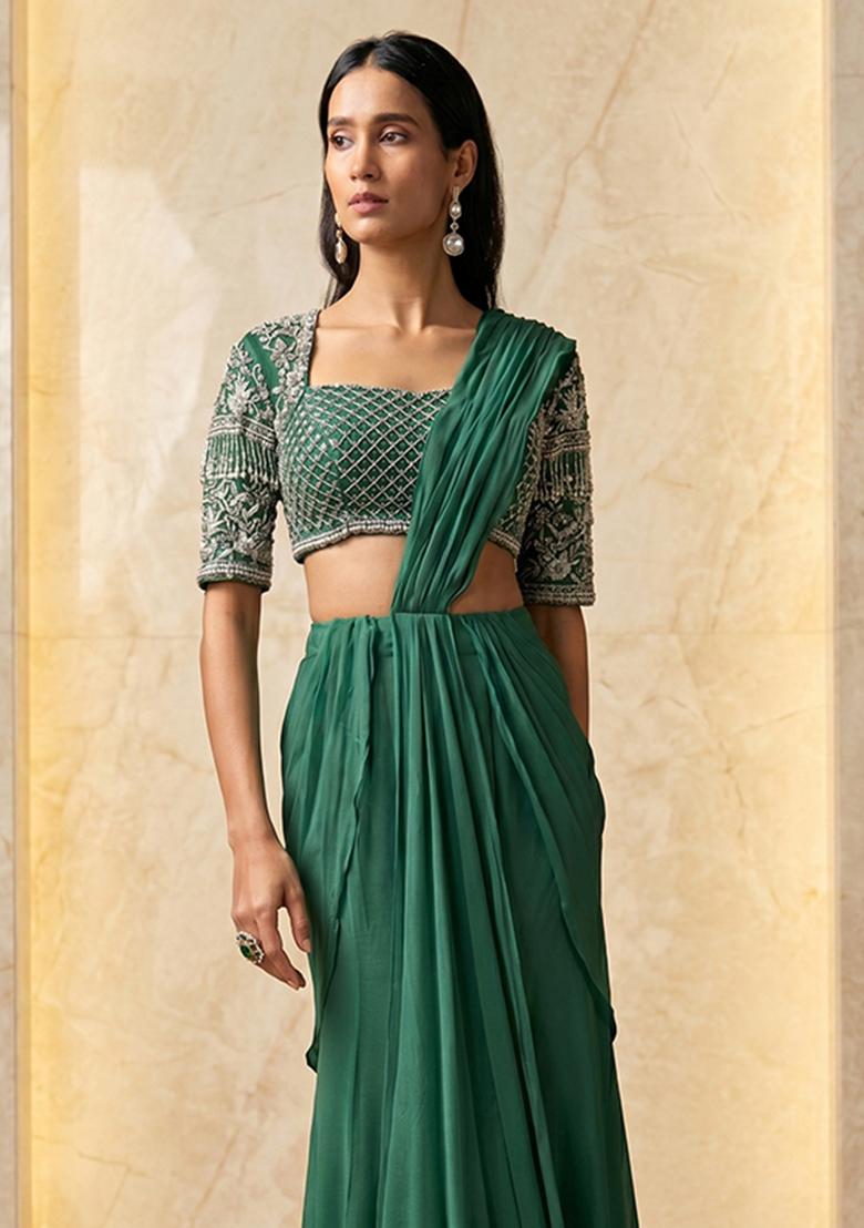 Sea Green Embroidered Handwork Pre Draped Saree Set - Indya