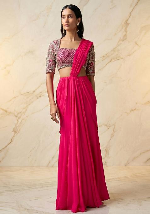Rani Pink Embroidered Handwork Pre Draped Saree Set