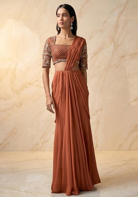 Light Rust Embroidered Handwork Pre Draped Saree Set