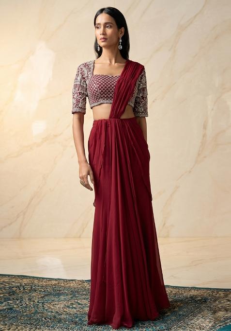 Deep Red Embroidered Handwork Pre Draped Saree Set