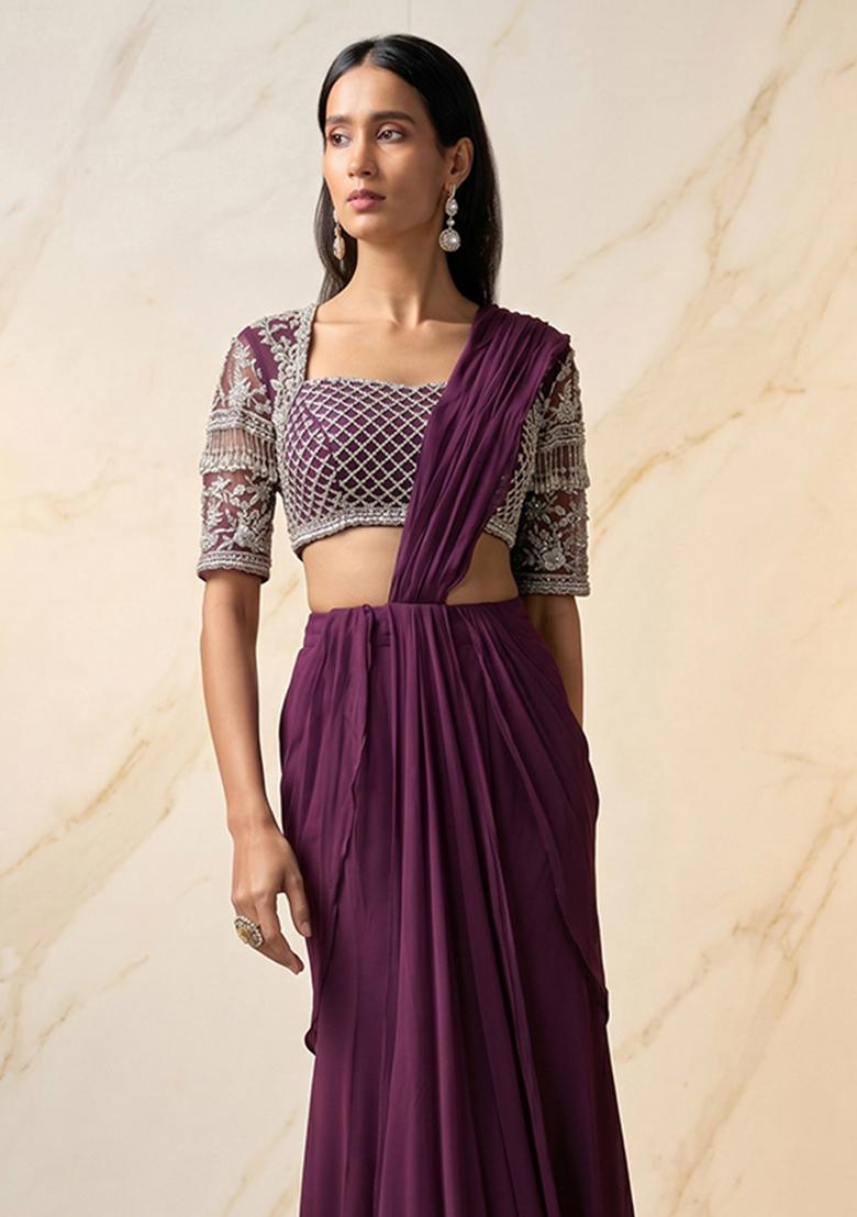 Plum Embroidered Handwork Pre Draped Saree Set - Indya