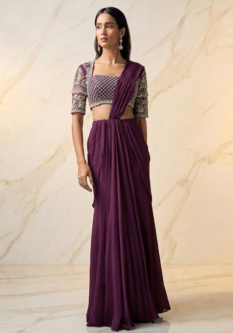 Plum Embroidered Handwork Pre Draped Saree Set