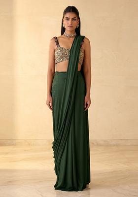 Dark Green Embroidered Handwork Pre Draped Saree Set