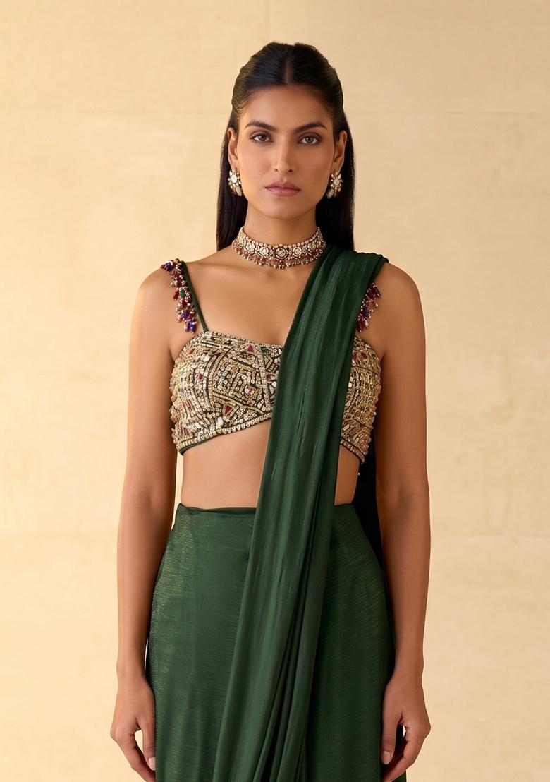 Dark Green Embroidered Handwork Pre Draped Saree Set - Indya