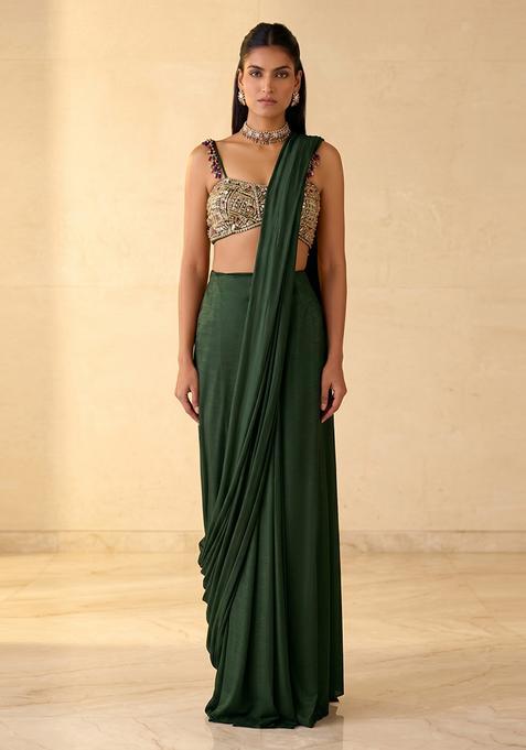 Dark Green Embroidered Handwork Pre Draped Saree Set