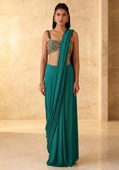 Emerald Green Embroidered Handwork Pre Draped Saree Set