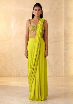 Lime Green Embroidered Handwork Pre Draped Saree Set