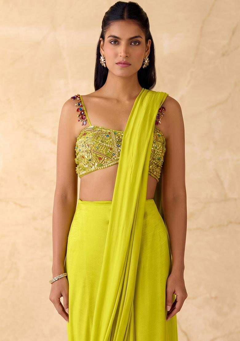 Lime Green Embroidered Handwork Pre Draped Saree Set - Indya