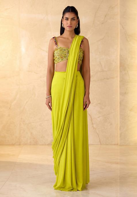 Lime Green Embroidered Handwork Pre Draped Saree Set