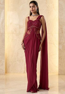 Maroon Embroidered Handwork Pre Draped Saree Set