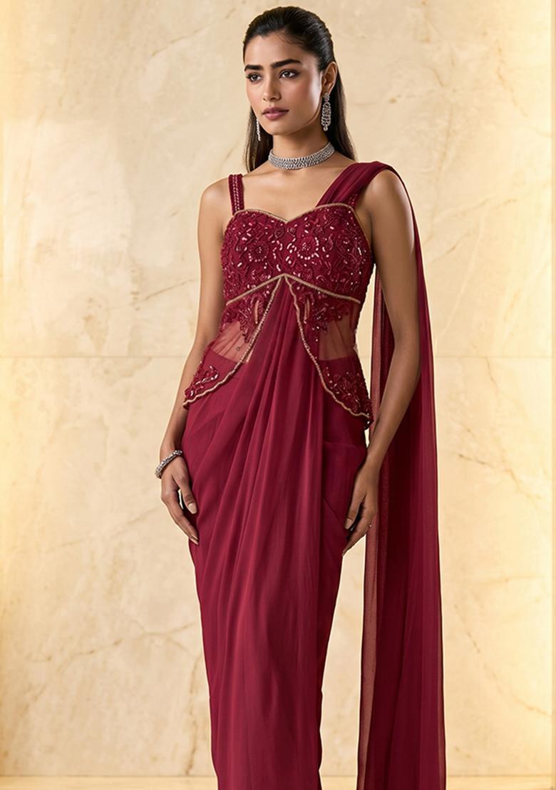 Maroon Embroidered Handwork Pre Draped Saree Set - Indya