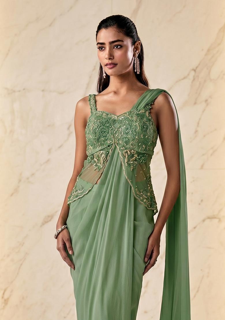 Mint Embroidered Handwork Pre Draped Saree Set - Indya