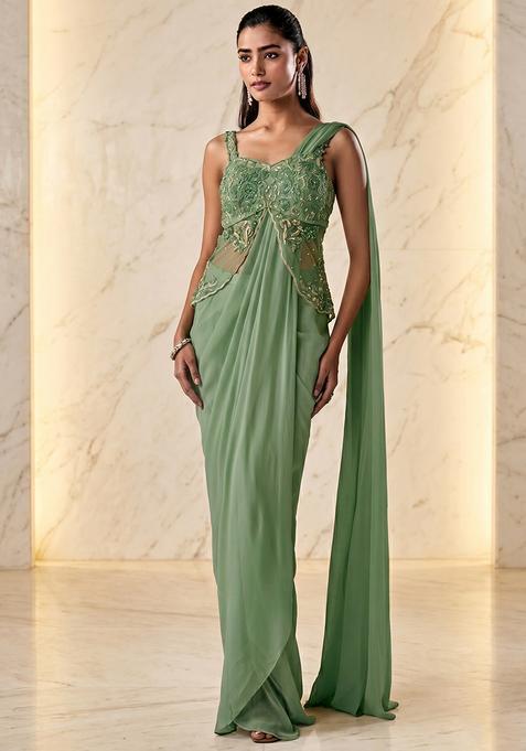 Mint Embroidered Handwork Pre Draped Saree Set