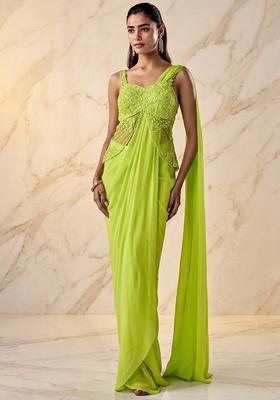 Lime Green Embroidered Handwork Pre Draped Saree Set