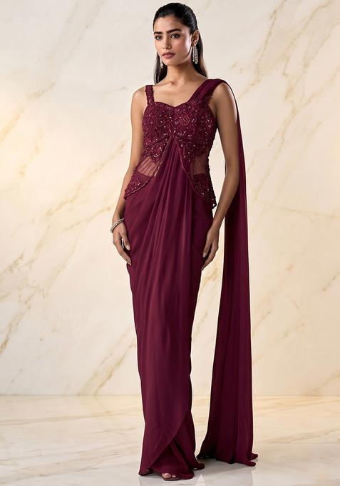Maroon Embroidered Handwork Pre Draped Saree Set