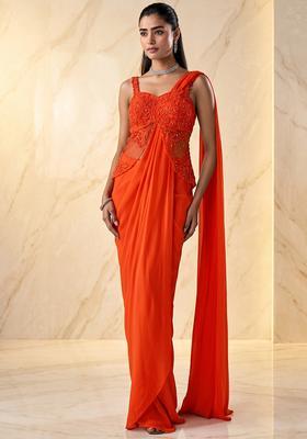Orange Embroidered Handwork Pre Draped Saree Set