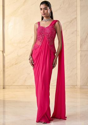Rani Pink Embroidered Handwork Pre Draped Saree Set
