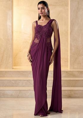 Plum Embroidered Handwork Pre Draped Saree Set