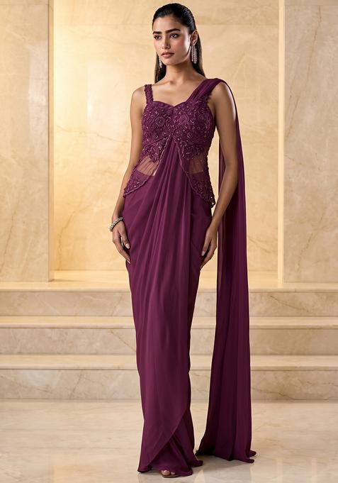 Plum Embroidered Handwork Pre Draped Saree Set