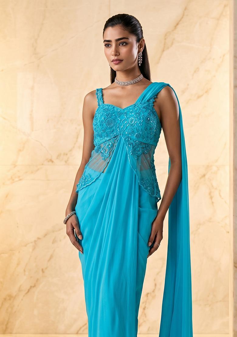 Light Blue Embroidered Handwork Pre Draped Saree Set - Indya