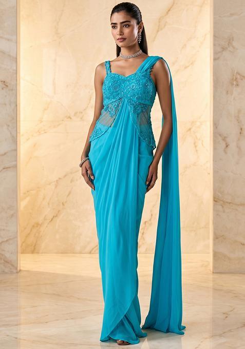 Light Blue Embroidered Handwork Pre Draped Saree Set