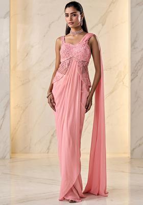 Light Pink Embroidered Handwork Pre Draped Saree Set