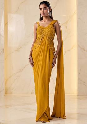 Yellow Embroidered Handwork Pre Draped Saree Set
