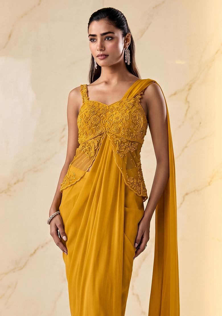 Yellow Embroidered Handwork Pre Draped Saree Set - Indya