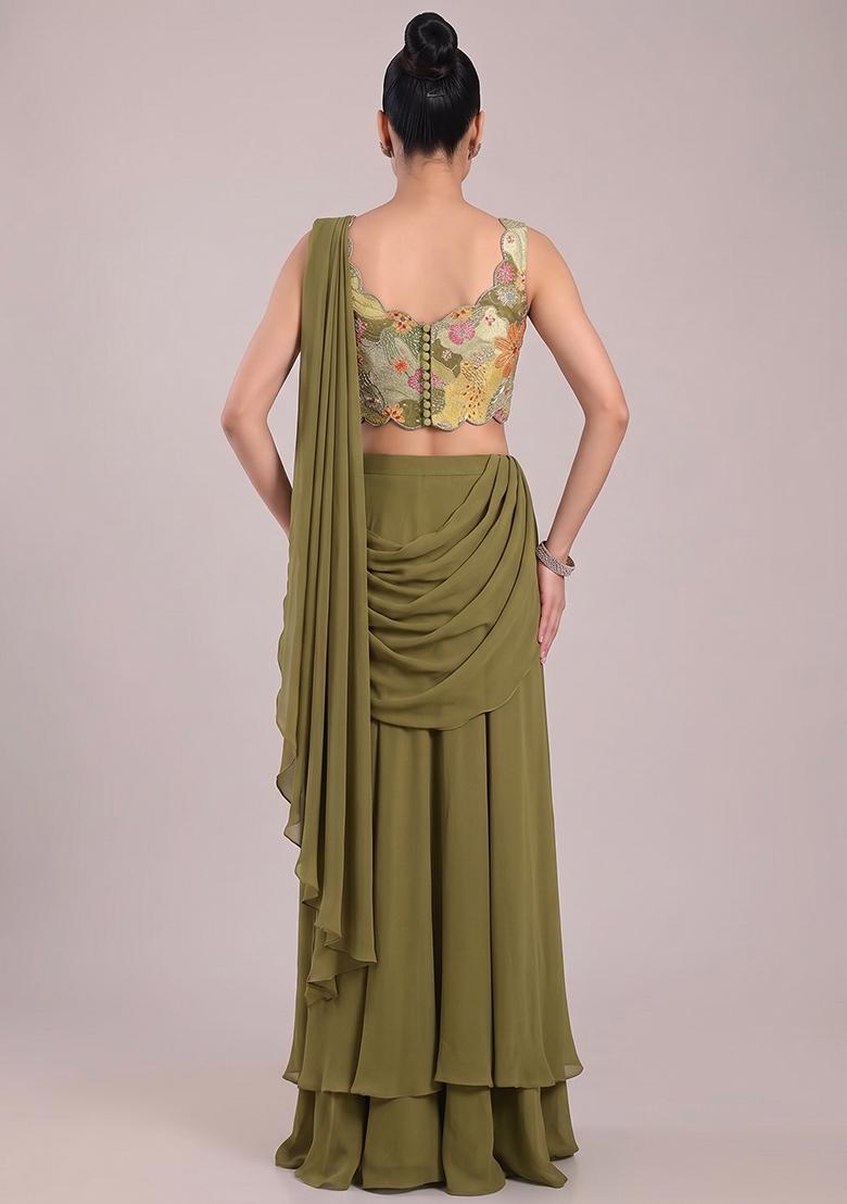 Olive Printed Crepe Pre Draped Saree Set - Indya