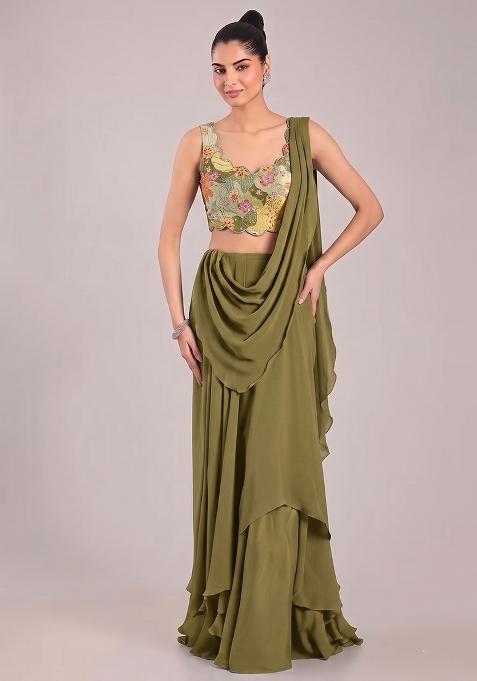 Olive Printed Crepe Pre Draped Saree Set