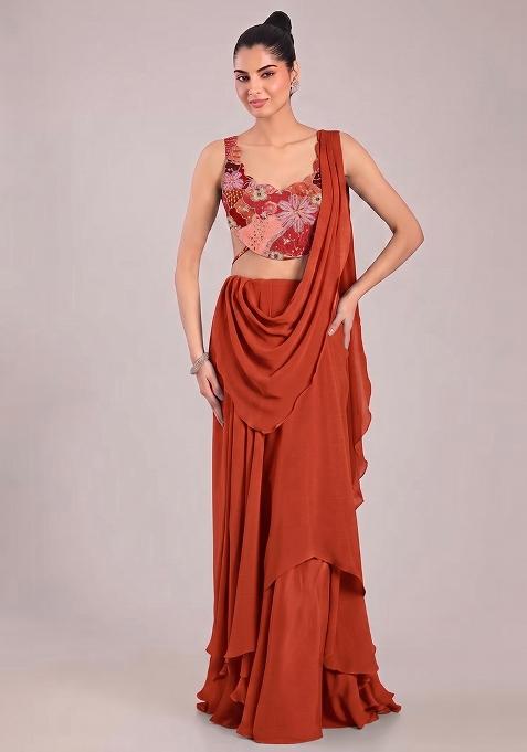 Rust Printed Crepe Pre Draped Saree Set