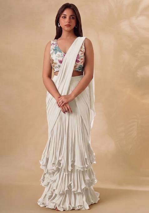 White Printed Silk Pre Draped Saree Set
