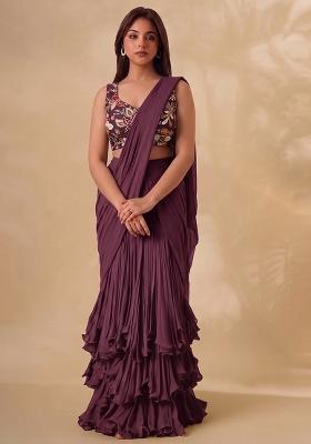 Wine Printed Silk Blend Pre Draped Saree Set