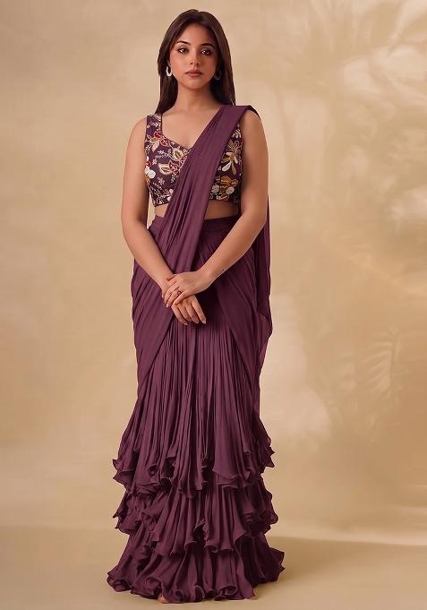 Wine Printed Silk Pre Draped Saree Set