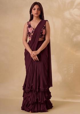 Deep Wine Printed Organza Pre Draped Saree&nbsp;Set