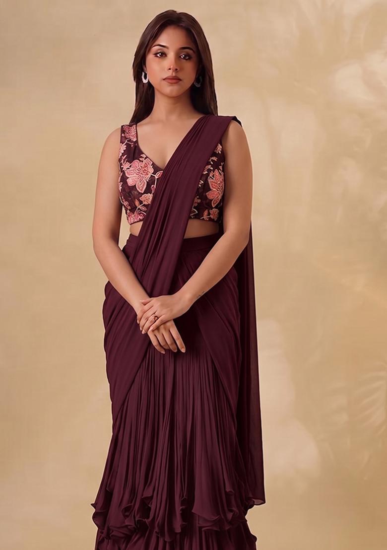 Deep Wine Printed Organza Pre Draped Saree&nbsp;Set - Indya